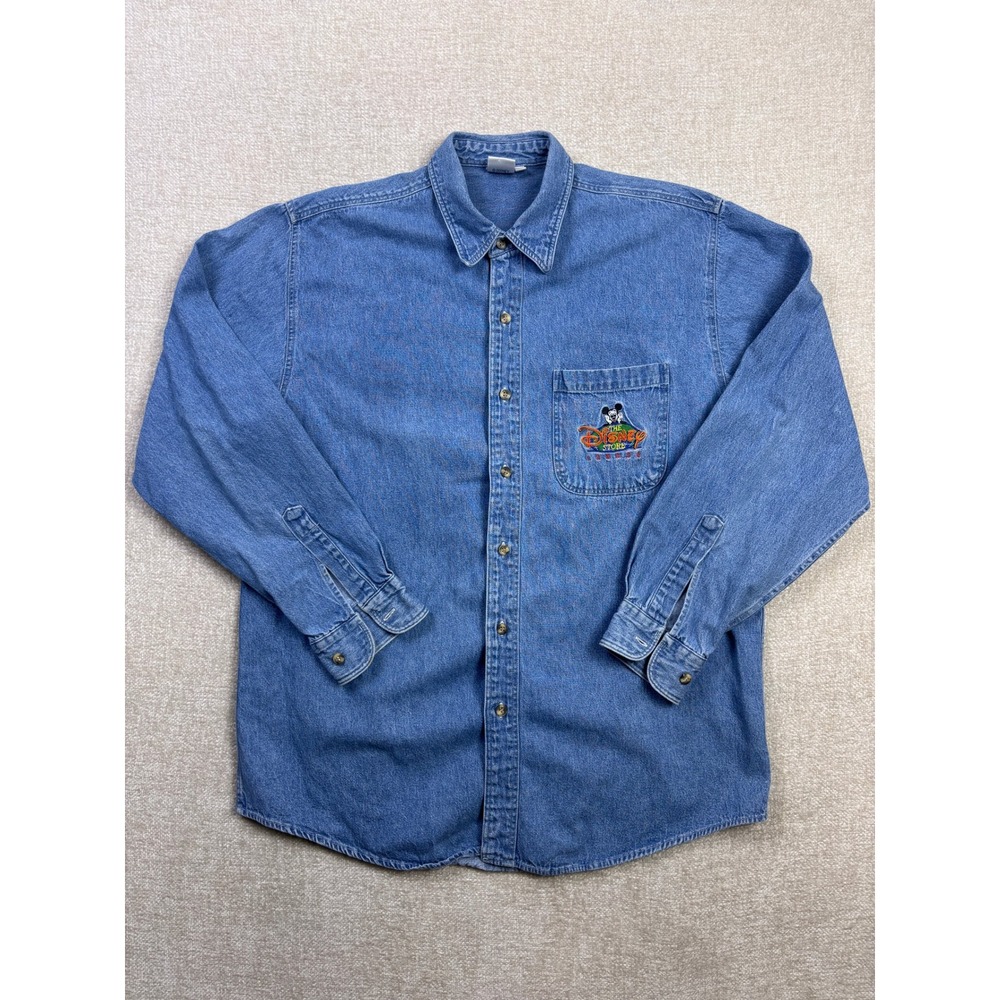 Vintage Disney Store Mickey Mouse London Denim Shirt Mens Large Blue Long Sleeve